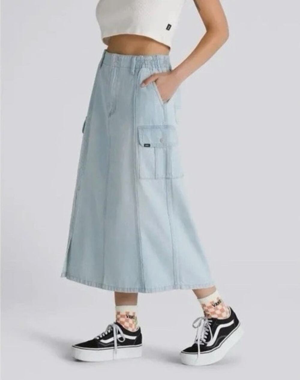 New Vans Size Large Sidewalk Denim Maxi Skirt Cargo Pockets Slit Light Wash